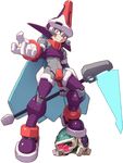  android armor bodysuit creature full_body helmet highres makoto_yabe male_focus official_art prometheus rockman rockman_zx rockman_zx_advent rod simple_background solo staff standing white_background 