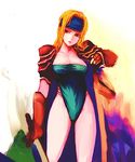  blonde_hair blue_eyes blue_headband breasts cape celes_chere cleavage final_fantasy final_fantasy_vi gloves green_leotard headband kara_(color) large_breasts leotard long_hair lowres oekaki shoulder_pads solo sword weapon 