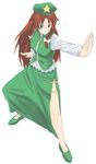  braid chinese_clothes cuboon fighting_stance green_eyes hat hong_meiling jpeg_artifacts long_hair red_hair solo touhou twin_braids 