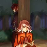  1girl book forest kratos_aurion nature reading refill_sage shashin sword tales_of_(series) tales_of_symphonia tree weapon 