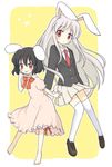  :p :x akanbe animal_ears barefoot black_hair blazer blush bunny_ears carrot dress inaba_tewi jacket loafers long_hair multiple_girls necktie pink_dress pink_hair purple_hair red_eyes red_neckwear reisen_udongein_inaba shoes short_hair skirt tamaki_(209) thighhighs tongue tongue_out touhou very_long_hair white_legwear 