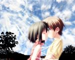  1girl artist_request bird boku_to_bokura_no_natsu brown_hair cloud day kiss short_hair sky tree wallpaper younger 