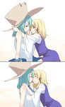  2koma bare_shoulders blonde_hair blush comic green_hair hair_ribbon hat highres imminent_kiss incest kochiya_sanae moriya_suwako multiple_girls pyonta red_ribbon ribbon sakuraba_yuuki silent_comic touhou yellow_eyes yuri 