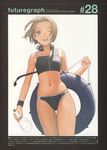  absurdres bikini bob_cut bottle brown_hair cowboy_shot flat_chest headphones highres innertube multi-strapped_bikini murata_renji short_hair solo swimsuit wristband 