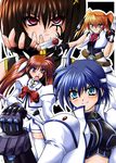  angry aoi_sakuya belt blue_eyes blue_hair blush bow brown_hair buckle cross_mirage dual_wielding facial_mark fingerless_gloves gauntlets gloves gun hair_ornament handgun headband holding jacket long_hair lyrical_nanoha magical_girl mahou_shoujo_lyrical_nanoha_strikers midriff multiple_girls open_clothes open_jacket orange_hair purple_eyes raising_heart red_bow red_eyes red_hair revolver_knuckle short_hair staff subaru_nakajima takamachi_nanoha teana_lanster thighhighs twintails uniform waist_cape weapon x_hair_ornament yagami_hayate zettai_ryouiki 