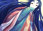  blue_hair copyright_request facial_mark forehead_mark fuyu_no_kareha heian japanese_clothes karaginu_mo kimono layered_clothing layered_kimono long_hair red_eyes solo very_long_hair 