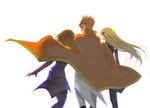  2girls belt blonde_hair brown_hair cape coat code_geass cowboy_shot floating_hair from_behind kiritachi liliana_vergamon long_hair luciano_bradley marika_soresi multiple_girls orange_hair simple_background spiked_hair uniform very_long_hair walking white_background wind 