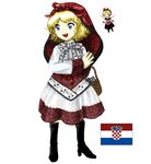  blonde_hair blue_eyes boots croatia croatian_flag medicine_melancholy official_style oota_jun'ya_(style) open_mouth parody pokemizu short_hair smile solo style_parody su-san touhou 