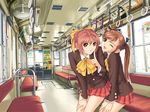  bow brown_eyes brown_hair hair_bow happy highres leaning_forward long_hair morikawa_minami multiple_girls one_eye_closed partner pink_eyes pink_hair plaid plaid_bow plaid_skirt pointing sangami_erika school_uniform skirt tanaka_takayuki train_interior twintails vanishing_point wallpaper 