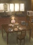  breakfast brown_hair chair child closed_eyes cup doujima_nanako egg food happy kitchen microwave morning persona persona_4 pot short_hair sink smile solo stuffed_animal stuffed_toy table teddy_bear toast toaster tonko twintails 