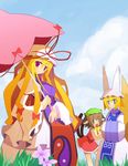  animal_ears arashiya bad_id bad_pixiv_id blonde_hair blue_sky cat_ears cat_tail chen cloud day flower fox_tail from_behind grass hat long_hair long_sleeves looking_at_viewer looking_back multiple_girls multiple_tails nekomata outdoors pillow_hat ribbon short_hair sky standing tabard tail tassel touhou two_tails umbrella wide_sleeves yakumo_ran yakumo_yukari 