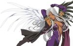  aa_megami-sama armpits arms_up artist_request black_wings bracelet breasts cleavage dark_skin dress elbow_gloves facial_mark forehead_mark gloves goddess highres jewelry long_hair medium_breasts purple_eyes solo urd white_hair wings 