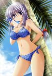  absurdres bikini blush braid brand_name_imitation breasts cleavage cloud day dengeki_hime drink hair_ribbon highres medium_breasts midriff navel palm_tree pocari_sweat purple_eyes purple_hair ribbon side-tie_bikini sky sweat swimsuit tree us@myo 