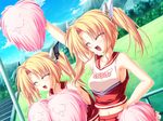  arm_up blonde_hair breasts cheerleader closed_eyes game_cg hair_ornament hairclip hand_on_hip magus_tale midriff multiple_girls nina_geminis non-web_source pom_poms rena_geminis siblings sideboob sisters small_breasts tenmaso twins twintails 