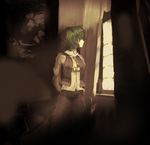  arms_behind_back ascot green_hair hair_over_eyes indoors kazami_yuuka looking_out_window muted_color plaid plaid_vest short_hair solo sunlight touhou vest window yoshioka_yoshiko 