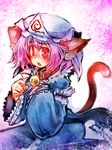  animal_ears bell bell_collar cat_ears cat_tail collar commentary_request hat kemonomimi_mode open_mouth pink_hair red_eyes saigyouji_yuyuko sitting solo tail touhou ukyo_rst wide_sleeves 