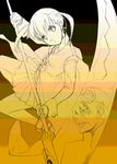  1girl head_tilt holding holding_weapon long_sleeves looking_at_viewer maka_albarn mizuki_makoto monochrome pleated_skirt polearm reflection scythe skirt solo_focus soul_eater twintails weapon wrist_cuffs yellow 