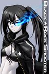  black_rock_shooter black_rock_shooter_(character) blue_eyes collarbone copyright_name g-tetsu grey_background long_hair long_sleeves looking_at_viewer midriff navel pale_skin simple_background solo star stomach toned twintails zipper 
