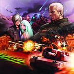  6+boys advance_wars advance_wars:_days_of_ruin ah-1_cobra aircraft airplane brenner choker coat explosion green_hair ground_vehicle helicopter helmet highres hiroaki_(kof) isabella_(advance_wars) jacket military military_vehicle motor_vehicle multiple_boys necktie official_art sky soldier tank will_(advance_wars) 