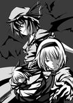  alice_margatroid bat_wings capelet expressionless greyscale hairband highres looking_at_viewer lysander_z monochrome multiple_girls puffy_short_sleeves puffy_sleeves remilia_scarlet shaded_face shanghai_doll short_hair short_sleeves touhou wings 
