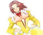  bare_shoulders blue_eyes bow breasts cleavage code_geass detached_sleeves dress gown hands_on_hips kallen_stadtfeld large_breasts memejiro narrow_waist pink_hair short_hair solo strapless strapless_dress 