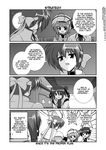  3girls ahoge bow caro_ru_lushe clenched_hand coat comic erio_mondial gauntlets greyscale hard_translated hat headband jacket lyrical_nanoha magical_boy magical_girl mahou_shoujo_lyrical_nanoha_strikers mikage_takashi monochrome multiple_girls open_clothes open_coat open_jacket revolver_knuckle single_gauntlet subaru_nakajima teana_lanster translated twintails 