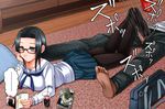  1girl aebafuti bag barefoot black_hair bored comic commentary cup drink drinking_straw footjob glasses hetero ice lying multitasking on_stomach original pants pantyhose penis pillow pleated_skirt reading red-framed_eyewear satchel school_uniform serafuku skirt 