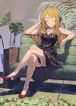  absurdres ahoge bangs black_dress blonde_hair closed_eyes couch crossed_legs digital_media_player dress frilled_dress frills hand_to_head headphones high_heels highres holding hoshii_miki idolmaster idolmaster_(classic) long_hair on_couch red_footwear shinjiro shoes sitting smile solo 