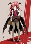  bat_wings black_legwear book cross demon_wings dress_shirt fang full_body hand_on_hip head_wings high_heels holding holding_book inverted_cross kanoe koakuma large_wings long_hair long_sleeves low_wings necktie pantyhose red_eyes red_hair shirt shoes simple_background skirt skirt_set slit_pupils solo touhou very_long_hair vest white_shirt wings 