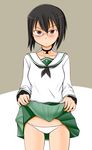  bad_id bad_pixiv_id black_eyes black_hair blouse blush collarbone cowboy_shot girls_und_panzer green_skirt hair_between_eyes kawashima_momo lifted_by_self long_sleeves looking_at_viewer lowleg lowleg_panties miniskirt monocle neck_ribbon neckerchief ooarai_school_uniform panties pleated_skirt ribbon school_uniform self_exposure serafuku short_hair skirt skirt_lift solo tanaka_rikimaru underwear white_blouse white_panties 