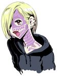  bad_id bad_pixiv_id banned_artist blonde_hair earrings facial_tattoo hair_over_one_eye hood hood_down hoodie idolmaster idolmaster_cinderella_girls jewelry nagasawa_shin open_mouth red_eyes shirasaka_koume short_hair skeleton skull solo tattoo tongue tongue_out 