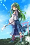  alls back bad_id bad_pixiv_id blush breasts cloud day detached_sleeves frog_hair_ornament gohei grass green_hair hair_ornament hair_tubes highres kochiya_sanae long_hair medium_breasts shoes skirt sky smile snake solo touhou yellow_eyes 