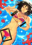  augmented_reality bikini blue_eyes brown_hair cellphone commentary_request flower hibiscus highres navel original phone reverse_x-ray short_hair smartphone smile solo swimsuit tablet_pc tororoto water 