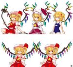  adapted_costume alphes_(style) anger_vein annoyed ascot blonde_hair fang flandre_scarlet hair_bobbles hair_ornament hat hat_ribbon highres kaoru_(gensou_yuugen-an) laevatein name_tag one-piece_swimsuit open_mouth parody pout red_eyes ribbon school_swimsuit short_hair side_ponytail simple_background skirt skirt_set smile solo style_parody swimsuit touhou white_background wings 