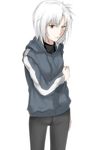  arm_grab bad_id bad_pixiv_id black_eyes fate/zero fate_(series) genderswap genderswap_(mtf) heterochromia hood hoodie kurumiya_hato matou_kariya scar short_hair solo white_eyes white_hair wince 