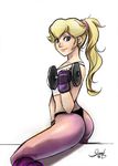  1girl alternate_costume alternate_hairstyle ass blonde_hair blue_eyes fingerless_gloves gloves jay_phenrix leotard lifting looking_at_viewer mario_(series) nintendo plain_background ponytail princess princess_peach solo spandex super_mario_bros. tank_top weight working_out 