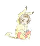  bart_allen boots brown_hair cosplay dc_comics eared_hoodie flash_(series) game game_boy gameboy handheld_game_console hood hoodie kid_flash male male_focus pikachu pikachu_(cosplay) pokemon simple_background sitting solo superhero tail yellow_shoes zipper 