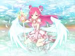  bare_shoulders cure_dream cure_fleuret day detached_sleeves dress feathers hair_rings holding long_hair magical_girl minatsuki_randoseru pink_eyes pink_hair precure reflection sitting sky smile solo sword weapon white_wings wings yes!_precure_5 yumehara_nozomi 