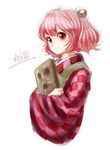  bell book character_name checkered hair_bell hair_ornament holding kitayuki_kajika long_sleeves looking_at_viewer motoori_kosuzu necronomicon pink_hair red_eyes red_hair short_hair simple_background smile solo touhou two_side_up upper_body white_background wide_sleeves 