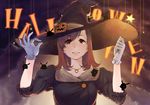  arms_up bad_id bad_pixiv_id brown_hair buttons collaboration collarbone food_themed_hair_ornament fur_collar gloves hair_ornament halloween hand_on_headwear hat hat_ribbon heart heart_necklace holding jack-o'-lantern lips long_hair mumuniku on_head original pumpkin_hair_ornament red_eyes ribbon smile solo star uyama_hajime wand white_gloves witch_hat 