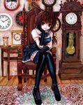  animal_ears brown_hair cat_ears cat_tail gothic_lolita kabaji lolita_fashion looking_at_viewer original smile solo tail thighhighs traditional_media 