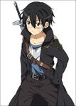  black_eyes black_hair blush coat kirito male_focus mizuki_makoto sticker sword sword_art_online weapon whiskers 