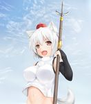  :d animal_ears bare_shoulders blush breasts day elbow_gloves gloves hat highres holding impossible_clothes inubashiri_momiji ishikei_(style) large_breasts midriff navel nikonikosiro open_mouth polearm ranseur red_eyes sky smile solo spear tokin_hat touhou weapon white_hair wolf_ears 