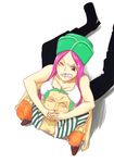  1boy 1girl black_pants green_hair hands_over_mouth hat jewelry_bonney lipstick makeup one_piece open_clothes open_shirt pants patterned_legwear piercing pink_hair pirate roronoa_zoro sabaody_archipelago scar shirt show-nosuke striped striped_shirt teeth thighhighs wrestling 