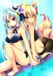  absurdres animal_ears aqua_eyes aqua_hair bad_id bad_pixiv_id barefoot bike_shorts bikini blonde_hair borrowed_character breasts canon_(nyori) cleavage feet flat_chest flower fox_ears fox_tail front-tie_top hair_flower hair_ornament hat heterochromia highres holding_hands kokonoe_tsubaki long_hair mini_hat mini_top_hat multiple_girls nyori original purple_eyes red_eyes smile swimsuit tail top_hat very_long_hair 