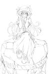  food fruit greyscale hands_on_headwear hat hinanawi_tenshi kabaji lineart long_hair looking_at_viewer monochrome peach short_sleeves sitting_on_rock skirt smile solo touhou 
