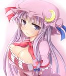  bow breasts capelet cleavage crescent hair_bow hat large_breasts long_hair patchouli_knowledge purple_eyes purple_hair ram_hachimin ribbon solo striped touhou white_background 
