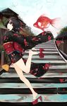  animal_print bag barefoot black_hair bow bubble fish fish_print geta goldfish_print hair_bow hareno_chiame japanese_clothes kimono obi original sandals sash shoes short_hair short_kimono single_shoe stairs 