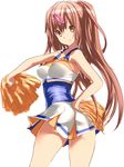  absurdres bad_id bad_pixiv_id breasts brown_eyes brown_hair cheerleader chuunibyou_demo_koi_ga_shitai! dodai_shouji hair_ornament hairclip highres long_hair medium_breasts nibutani_shinka one_side_up simple_background smile solo twisted_torso 