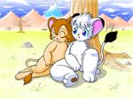  blue_eyes blush eyes_closed grass jungle_taitei kimba layia mountain mountains rock side-by-side side_by_side sitting tail tree 